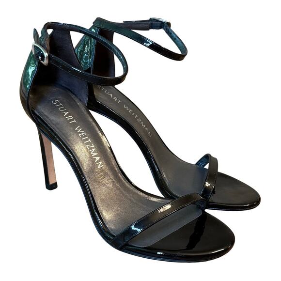 Stuart Weitzman Women’s Nudistcurve Ankle Strap Patent Leather Heel Black Size 5 - Picture 2 of 11